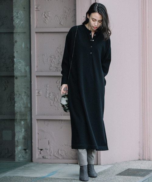 Munich（ミューニック）の「裏起毛ウォームサーマル　ヘンリーネックロングワンピース（ワンピース・レディース・ホワイト/ブラック/ベージュ/グレー・FREE）」の16枚目の写真