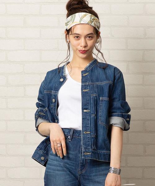 coen（コーエン）の「USAコットンデニムノーカラーGジャン（デニムジャケット）#（デニムジャケット・レディース・ライトブルー/コバルトブルー・FREE）」の6枚目の写真