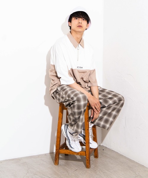 WEGO（ウィゴー）の「WEGO/バイカラードルマンハーフジップ5分袖ポロシャツ（Tシャツ/カットソー・メンズ・ベージュ/ホワイト・MEDIUM/LARGE）」の3枚目の写真