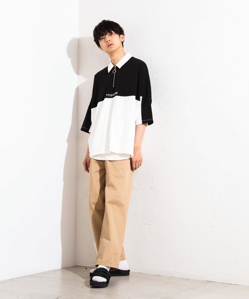 WEGO（ウィゴー）の「WEGO/バイカラードルマンハーフジップ5分袖ポロシャツ（Tシャツ/カットソー・メンズ・ベージュ/ホワイト・MEDIUM/LARGE）」の19枚目の写真