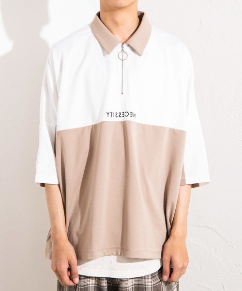 WEGO（ウィゴー）の「WEGO/バイカラードルマンハーフジップ5分袖ポロシャツ（Tシャツ/カットソー・メンズ・ベージュ/ホワイト・MEDIUM/LARGE）」の12枚目の写真