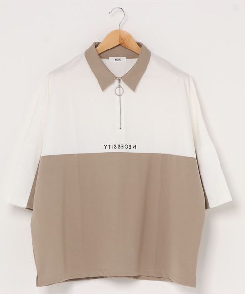 WEGO（ウィゴー）の「WEGO/バイカラードルマンハーフジップ5分袖ポロシャツ（Tシャツ/カットソー・メンズ・ベージュ/ホワイト・MEDIUM/LARGE）」の4枚目の写真