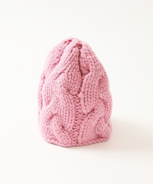 HOLIDAYホリデイ／CABLEKNIT CAP／PINK Pink Striped Cable Knit Faux Fur Bobble Hat - Willaston