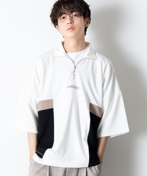 WEGO（ウィゴー）の「WEGO/ハーフジップカラーブロック5分袖ビッグシルエットプルオーバー（Tシャツ/カットソー・メンズ・サックスブルー/ブラック/ホワイト・MEDIUM/LARGE）」の2枚目の写真