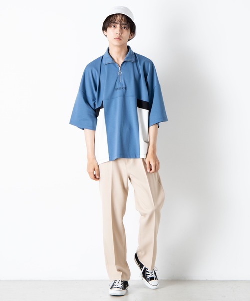 WEGO（ウィゴー）の「WEGO/ハーフジップカラーブロック5分袖ビッグシルエットプルオーバー（Tシャツ/カットソー・メンズ・サックスブルー/ブラック/ホワイト・MEDIUM/LARGE）」の17枚目の写真