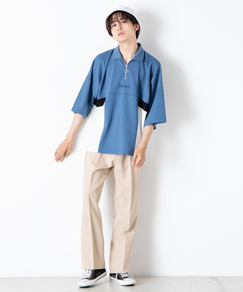 WEGO（ウィゴー）の「WEGO/ハーフジップカラーブロック5分袖ビッグシルエットプルオーバー（Tシャツ/カットソー・メンズ・サックスブルー/ブラック/ホワイト・MEDIUM/LARGE）」の4枚目の写真