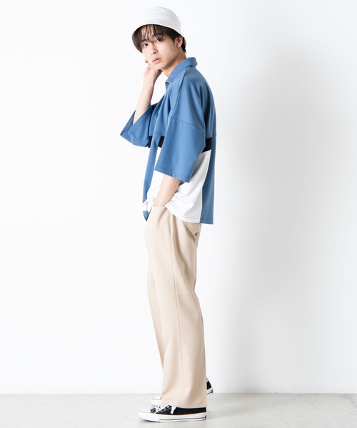 WEGO（ウィゴー）の「WEGO/ハーフジップカラーブロック5分袖ビッグシルエットプルオーバー（Tシャツ/カットソー・メンズ・サックスブルー/ブラック/ホワイト・MEDIUM/LARGE）」の5枚目の写真