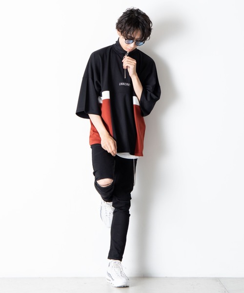 WEGO（ウィゴー）の「WEGO/ハーフジップカラーブロック5分袖ビッグシルエットプルオーバー（Tシャツ/カットソー・メンズ・サックスブルー/ブラック/ホワイト・MEDIUM/LARGE）」の14枚目の写真