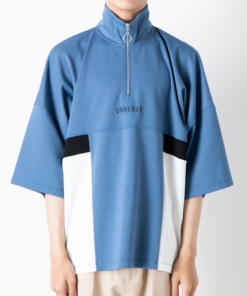 WEGO（ウィゴー）の「WEGO/ハーフジップカラーブロック5分袖ビッグシルエットプルオーバー（Tシャツ/カットソー・メンズ・サックスブルー/ブラック/ホワイト・MEDIUM/LARGE）」の8枚目の写真