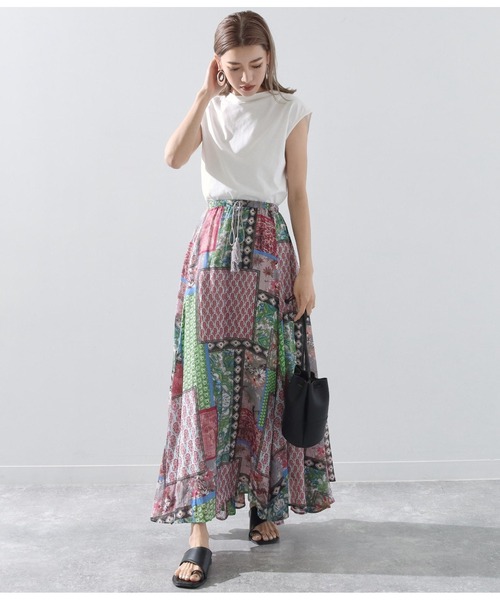 Alluge（アルージュ）の「パッチワークプリントギャザーフレアスカート（スカート・レディース・ピンク/ブルー・FREE）」の5枚目の写真