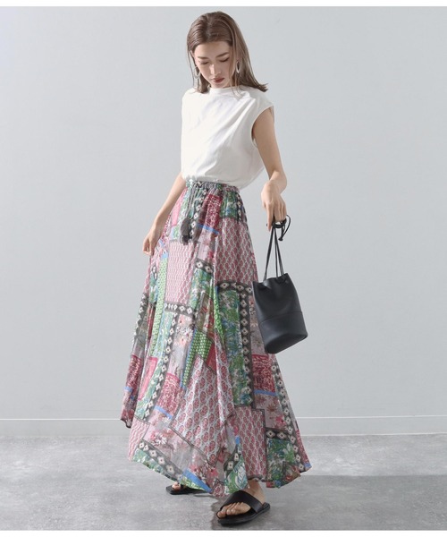 Alluge（アルージュ）の「パッチワークプリントギャザーフレアスカート（スカート・レディース・ピンク/ブルー・FREE）」の6枚目の写真