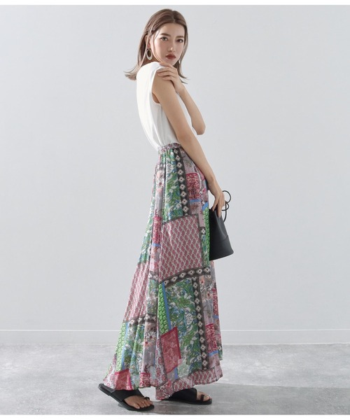 Alluge（アルージュ）の「パッチワークプリントギャザーフレアスカート（スカート・レディース・ピンク/ブルー・FREE）」の7枚目の写真