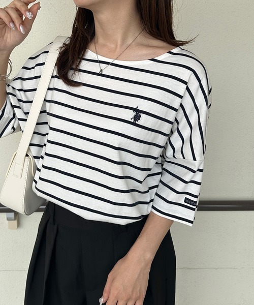 U.S. POLO ASSN.(ユーエスポロアッスン)の「【U.S.POLO ASSN.】綿100%ワンポイント刺繍オーバーサイズ5分袖Tシャツ(Tシャツ/カットソー・レディース・ネイビー/オフホワイト/ピンク/ホワイト系その他/ブラック系その他/モカ/セージグリーン・LL/L/M)」の3枚目の写真