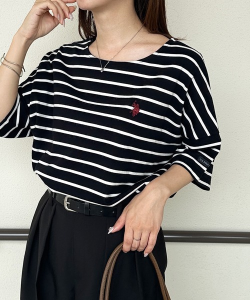 U.S. POLO ASSN.(ユーエスポロアッスン)の「【U.S.POLO ASSN.】綿100%ワンポイント刺繍オーバーサイズ5分袖Tシャツ(Tシャツ/カットソー・レディース・ネイビー/オフホワイト/ピンク/ホワイト系その他/ブラック系その他/モカ/セージグリーン・LL/L/M)」の4枚目の写真