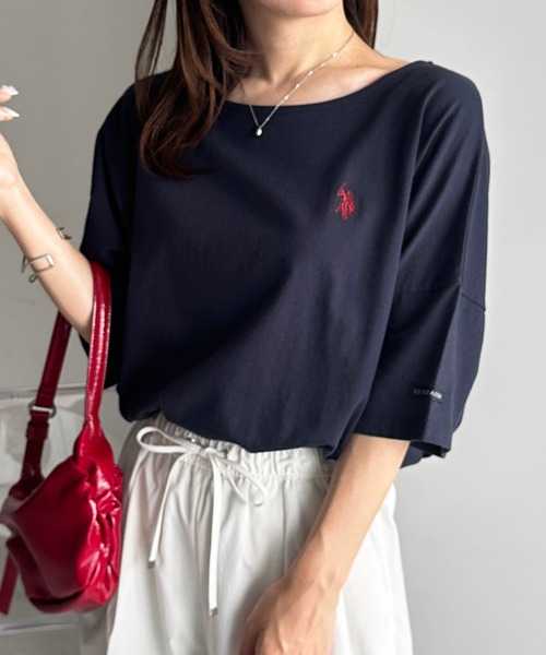 U.S. POLO ASSN.(ユーエスポロアッスン)の「【U.S.POLO ASSN.】綿100%ワンポイント刺繍オーバーサイズ5分袖Tシャツ(Tシャツ/カットソー・レディース・ネイビー/オフホワイト/ピンク/ホワイト系その他/ブラック系その他/モカ/セージグリーン・LL/L/M)」の1枚目の写真