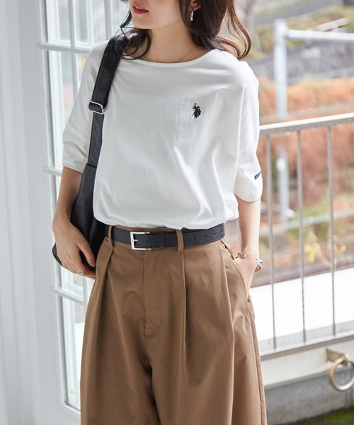 U.S. POLO ASSN.(ユーエスポロアッスン)の「【U.S.POLO ASSN.】綿100%ワンポイント刺繍オーバーサイズ5分袖Tシャツ(Tシャツ/カットソー・レディース・ネイビー/オフホワイト/ピンク/ホワイト系その他/ブラック系その他/モカ/セージグリーン・LL/L/M)」の17枚目の写真