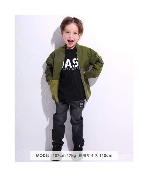 WASK（ワスク）の「WASK/異素材 切り替え パッチワーク MA-1 (100~160cm)（ブルゾン・キッズ・グリーン/ブラック・150/140/130/160/120/110/100）」の4枚目の写真