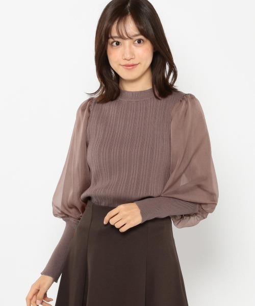 MISCH MASCH（ミッシュマッシュ）の「シアーマトンボリュームスリーブニット（ニット/セーター・レディース・モカ/ブラック/ピンクベージュ/ベージュ・MEDIUM）」の3枚目の写真