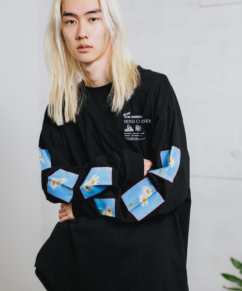 JUNGLES(ジャングルス)の「JUNGLES/ジャングルス FLOWER LONG SLEEVE TEE ロンT 袖ロゴ オーバーサイズ フラワープリント デイジー(Tシャツ/カットソー・メンズ・ブラック・M/L/XL)」の13枚目の写真