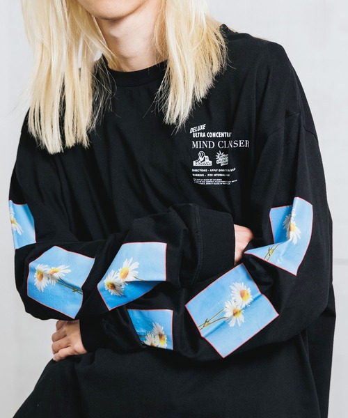 JUNGLES(ジャングルス)の「JUNGLES/ジャングルス FLOWER LONG SLEEVE TEE ロンT 袖ロゴ オーバーサイズ フラワープリント デイジー(Tシャツ/カットソー・メンズ・ブラック・M/L/XL)」の21枚目の写真