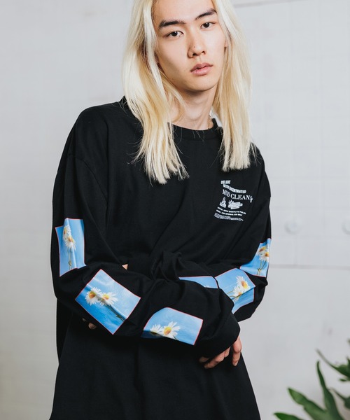 JUNGLES(ジャングルス)の「JUNGLES/ジャングルス FLOWER LONG SLEEVE TEE ロンT 袖ロゴ オーバーサイズ フラワープリント デイジー(Tシャツ/カットソー・メンズ・ブラック・M/L/XL)」の22枚目の写真
