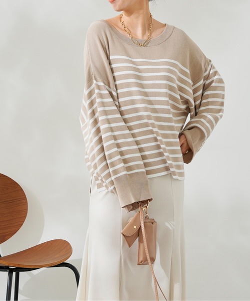 DouDou（ドゥドゥ）の「ボリューム袖ボーダープルオーバー（ニット/セーター・レディース・ブラック/ベージュ/ブルー・FREE）」の3枚目の写真