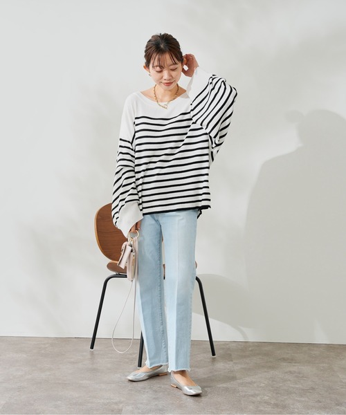 DouDou（ドゥドゥ）の「ボリューム袖ボーダープルオーバー（ニット/セーター・レディース・ブラック/ベージュ/ブルー・FREE）」の19枚目の写真