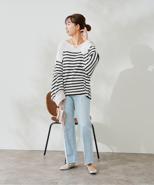 DouDou（ドゥドゥ）の「ボリューム袖ボーダープルオーバー（ニット/セーター・レディース・ブラック/ベージュ/ブルー・FREE）」の10枚目の写真