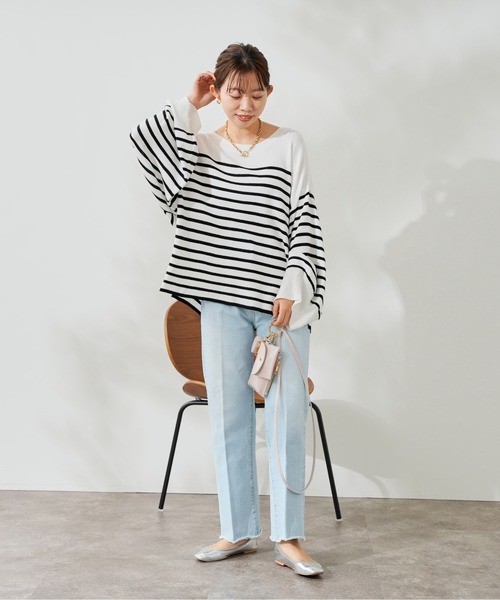 DouDou（ドゥドゥ）の「ボリューム袖ボーダープルオーバー（ニット/セーター・レディース・ブラック/ベージュ/ブルー・FREE）」の6枚目の写真