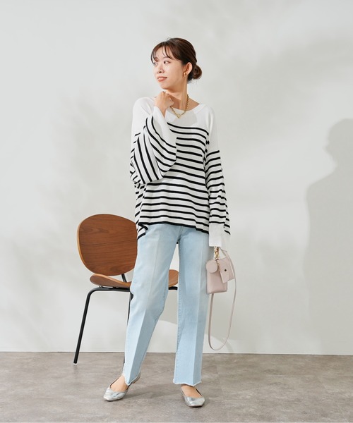 DouDou（ドゥドゥ）の「ボリューム袖ボーダープルオーバー（ニット/セーター・レディース・ブラック/ベージュ/ブルー・FREE）」の4枚目の写真