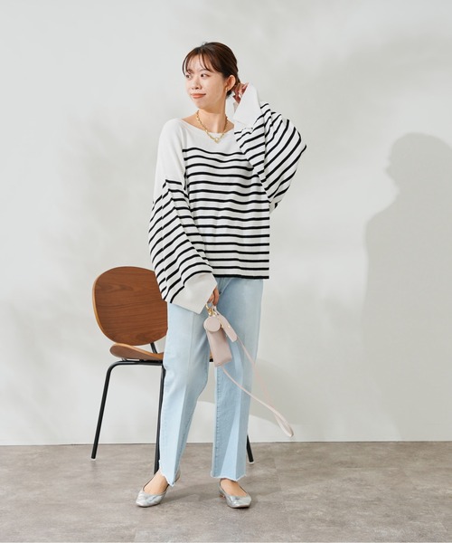 DouDou（ドゥドゥ）の「ボリューム袖ボーダープルオーバー（ニット/セーター・レディース・ブラック/ベージュ/ブルー・FREE）」の13枚目の写真