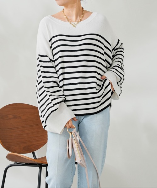 DouDou（ドゥドゥ）の「ボリューム袖ボーダープルオーバー（ニット/セーター・レディース・ブラック/ベージュ/ブルー・FREE）」の17枚目の写真