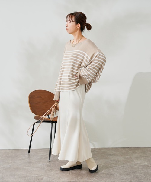 DouDou（ドゥドゥ）の「ボリューム袖ボーダープルオーバー（ニット/セーター・レディース・ブラック/ベージュ/ブルー・FREE）」の14枚目の写真