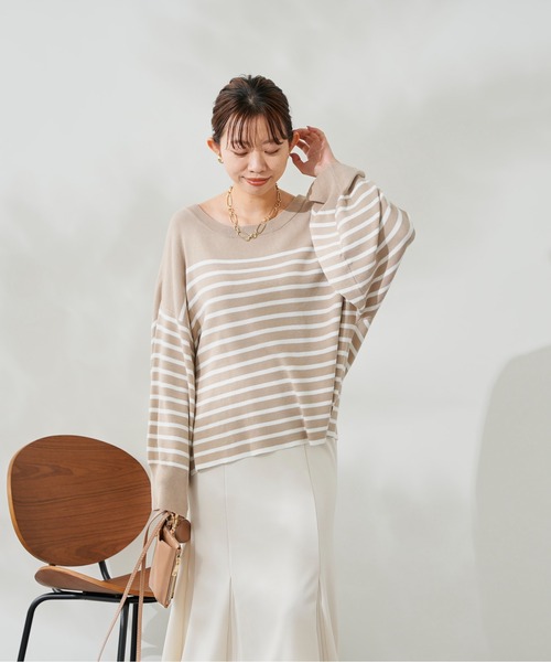 DouDou（ドゥドゥ）の「ボリューム袖ボーダープルオーバー（ニット/セーター・レディース・ブラック/ベージュ/ブルー・FREE）」の16枚目の写真