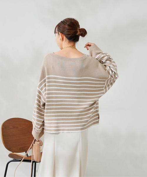 DouDou（ドゥドゥ）の「ボリューム袖ボーダープルオーバー（ニット/セーター・レディース・ブラック/ベージュ/ブルー・FREE）」の12枚目の写真