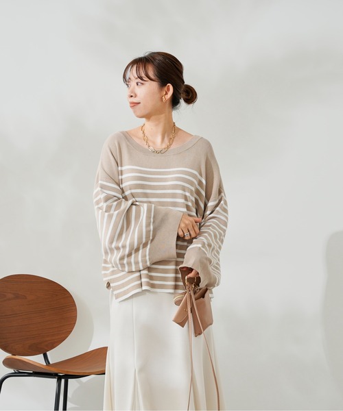 DouDou（ドゥドゥ）の「ボリューム袖ボーダープルオーバー（ニット/セーター・レディース・ブラック/ベージュ/ブルー・FREE）」の18枚目の写真