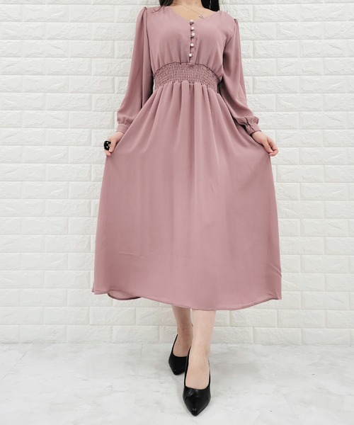 セール】Vネック ウエストギャザーシフォンワンピース