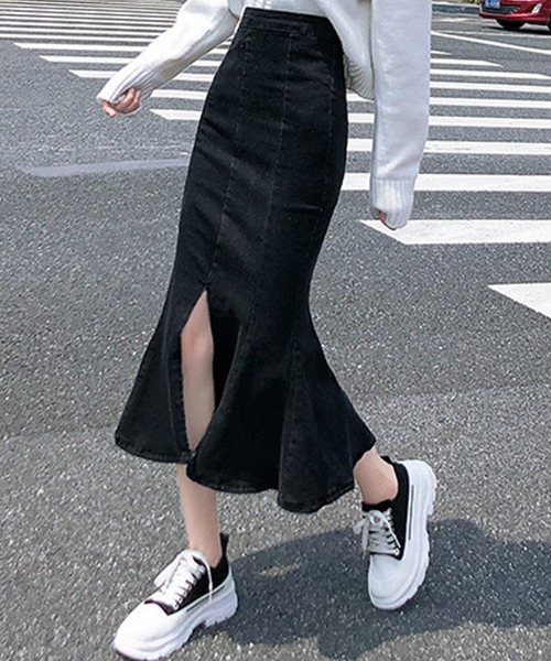 DAY CLOSET(デイ クローゼット)の「【大きいサイズ有/ストレッチ】キレカジセンタースリットデニムマーメイドスカート レディース(デニムスカート・レディース・ライトブルー/ブラック・S/M/L/XS)」の17枚目の写真