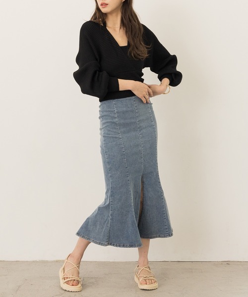 DAY CLOSET(デイ クローゼット)の「【大きいサイズ有/ストレッチ】キレカジセンタースリットデニムマーメイドスカート レディース(デニムスカート・レディース・ライトブルー/ブラック・S/M/L/XS)」の10枚目の写真