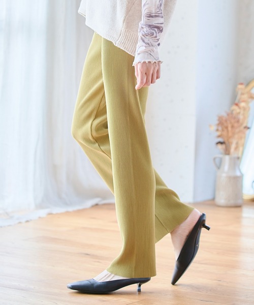 anown(アノン)の「プリーツパンツ セルフカット レディース ストレート カラーパンツ 細プリーツパンツ ウエストゴム リブパンツ 低身長(その他パンツ・レディース・ダークグリーン/テラコッタ/マスタード/ブラック/ピンク/アイボリー・M)」の5枚目の写真