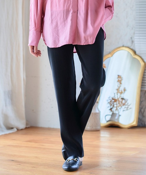 anown(アノン)の「プリーツパンツ セルフカット レディース ストレート カラーパンツ 細プリーツパンツ ウエストゴム リブパンツ 低身長(その他パンツ・レディース・ダークグリーン/テラコッタ/マスタード/ブラック/ピンク/アイボリー・M)」の2枚目の写真