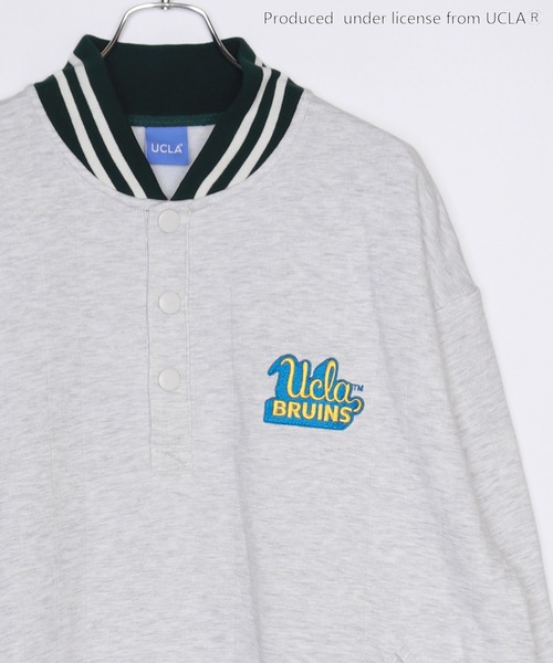 UCLA（ユーシーエルエー）の「UCLA　オーバーサイズ ハーフ釦 ワッペン刺繍スウェットスタジャン（スウェット・メンズ・アッシュ/ブルー/ダークグリーン/イエロー・M/L）」の13枚目の写真