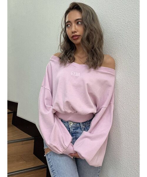 GYDA(ジェイダ)の「GYDA embroidery ピグメントオフショルスウェットトップス(Tシャツ/カットソー・レディース・チャコールグレー/パープル/アイボリー/ピンク・FREE)」の12枚目の写真