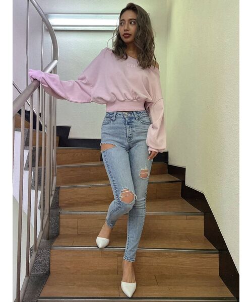 GYDA(ジェイダ)の「GYDA embroidery ピグメントオフショルスウェットトップス(Tシャツ/カットソー・レディース・チャコールグレー/パープル/アイボリー/ピンク・FREE)」の14枚目の写真