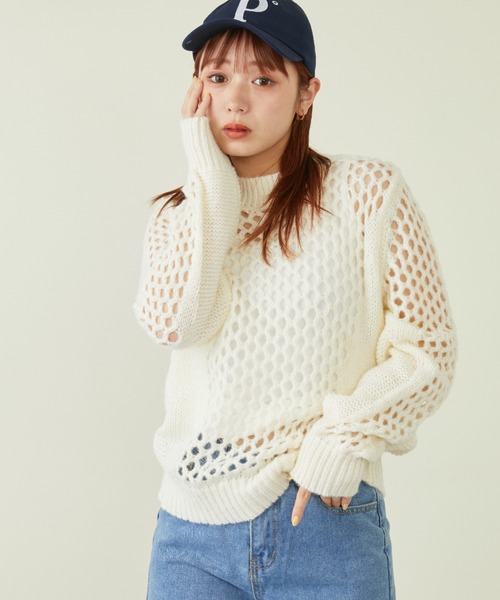 mebole（メボレ）の「透かし編みニットプルオーバー（ニット/セーター・レディース・ピンク/ブルー/ホワイト・FREE）」の5枚目の写真