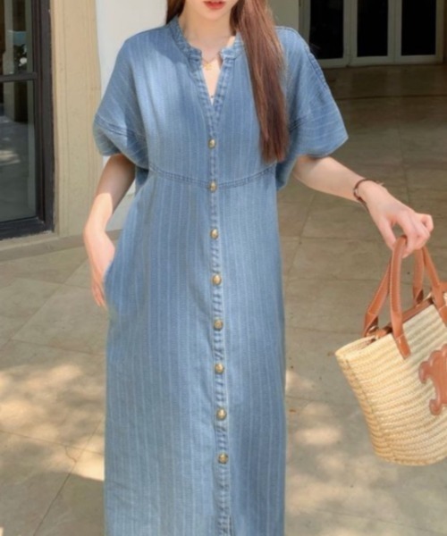 LADY LIKE（レディライク）の「ノーカラー前開きデニムワンピース