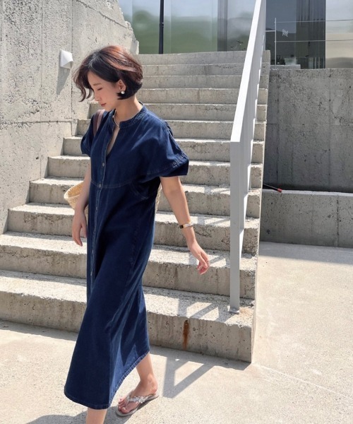 LADY LIKE（レディライク）の「ノーカラー前開きデニムワンピース