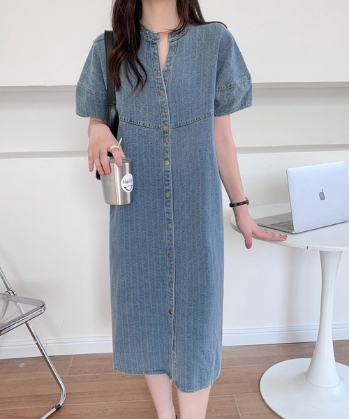 LADY LIKE（レディライク）の「ノーカラー前開きデニムワンピース