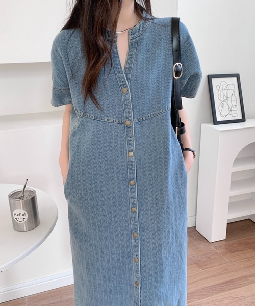 LADY LIKE（レディライク）の「ノーカラー前開きデニムワンピース