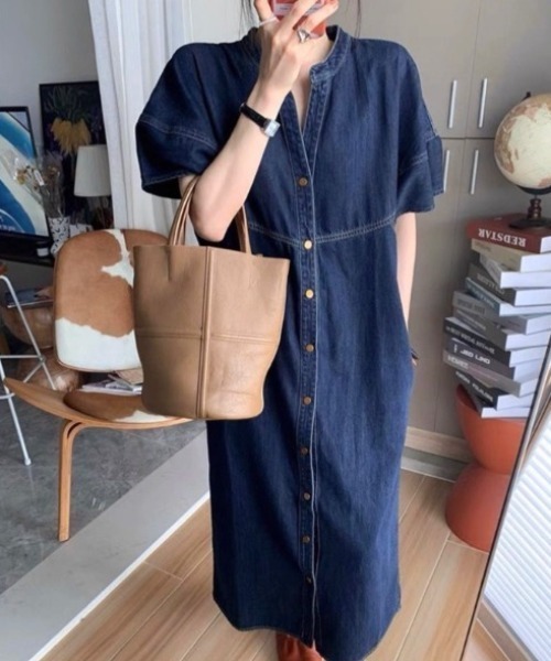 LADY LIKE（レディライク）の「ノーカラー前開きデニムワンピース